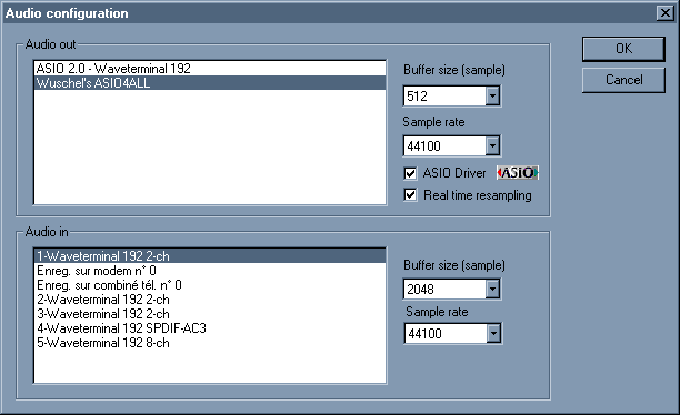 ASIO drivers configuration dialog box