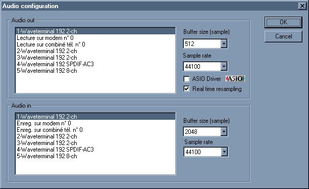 Audio configuration dialog box