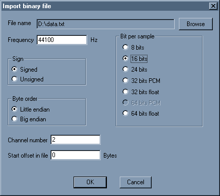 Import binary file dialog box