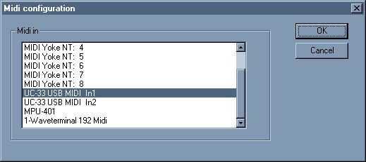 MIDI configuration dialog box